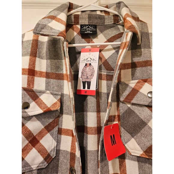 Flannel Shirt Jacket Women's Medium New w/ Tags HFX Brown Tan Grey Snap Buttons - Picture 3 of 6